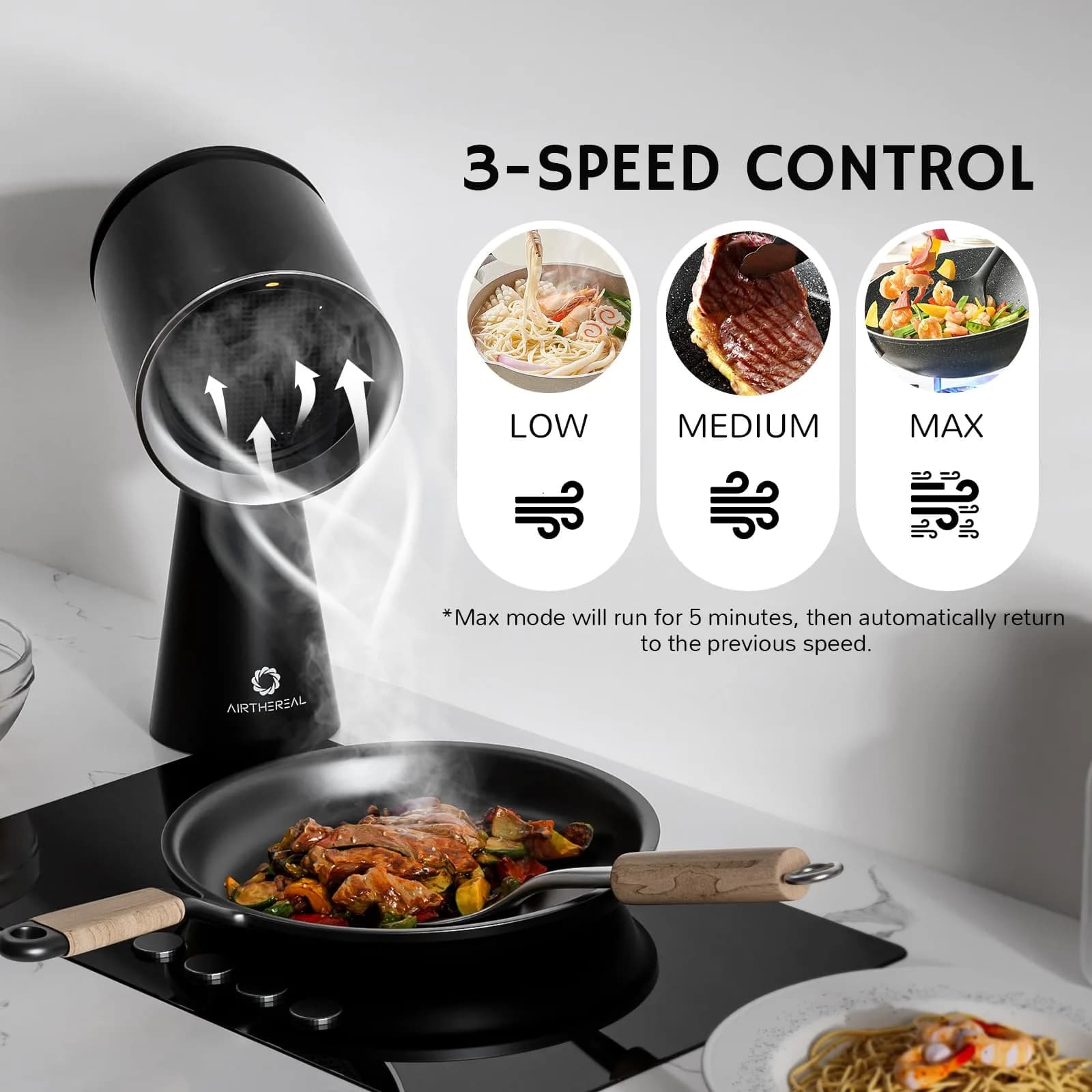 AIRTHEREAL Rechargeable Portable Range Hood RH180B Black, Battery Powered Desktop Exhaust Fan with 3-Fan Speeds and Large Oil Collection Cup for RV Cooking thumbnail 6