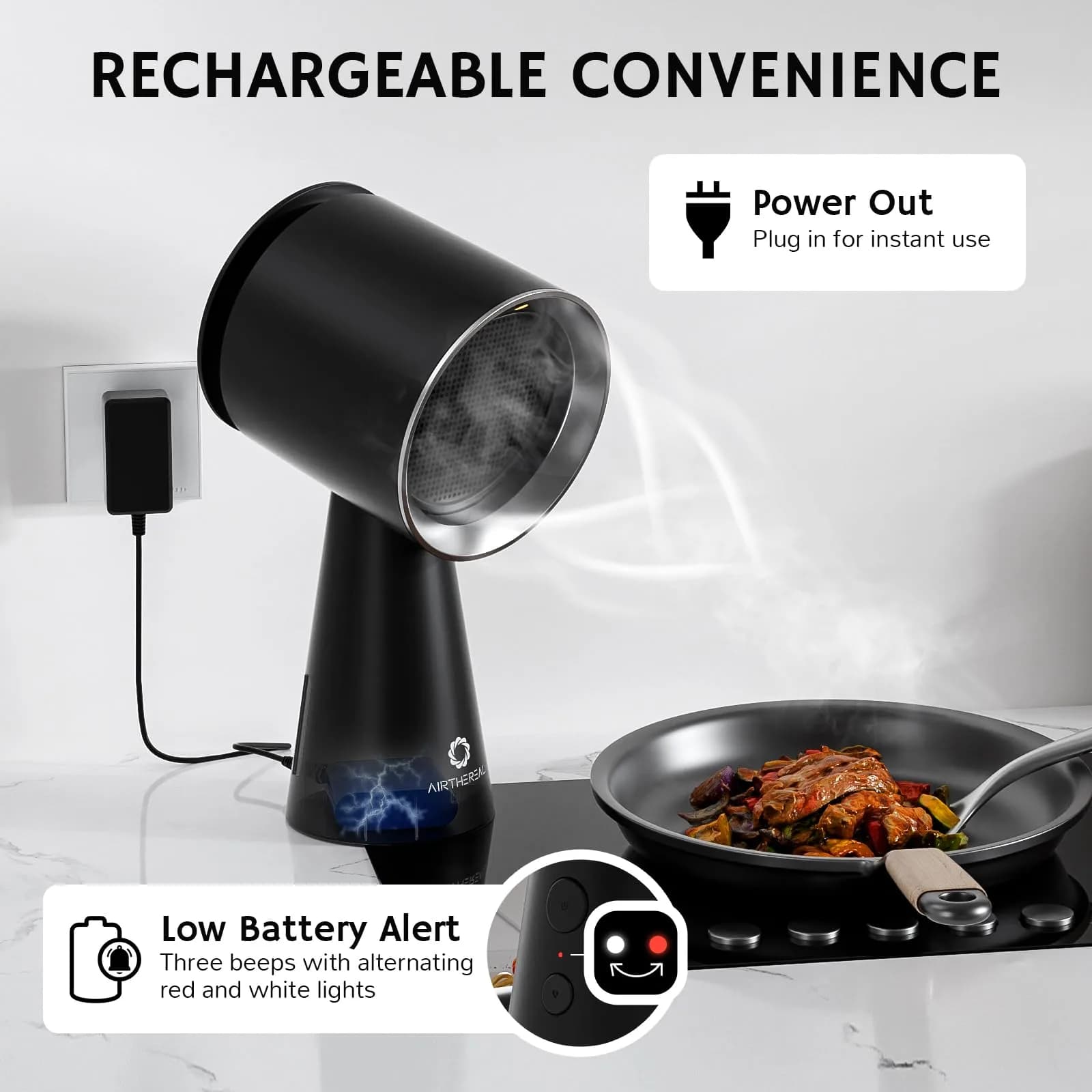 AIRTHEREAL Rechargeable Portable Range Hood RH180B Black, Battery Powered Desktop Exhaust Fan with 3-Fan Speeds and Large Oil Collection Cup for RV Cooking thumbnail 8
