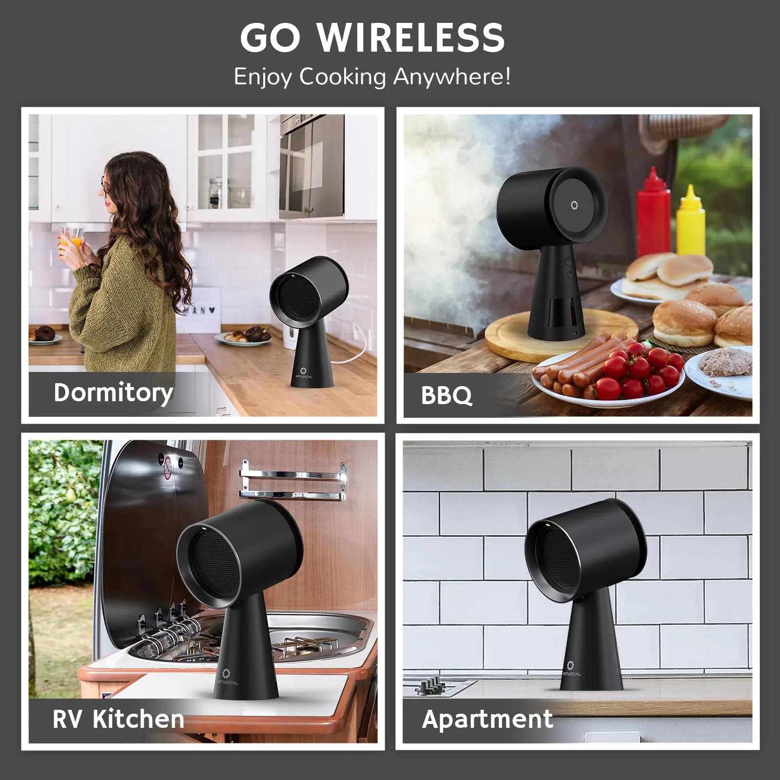 AIRTHEREAL Rechargeable Portable Range Hood RH180B Black, Battery Powered Desktop Exhaust Fan with 3-Fan Speeds and Large Oil Collection Cup for RV Cooking thumbnail 9