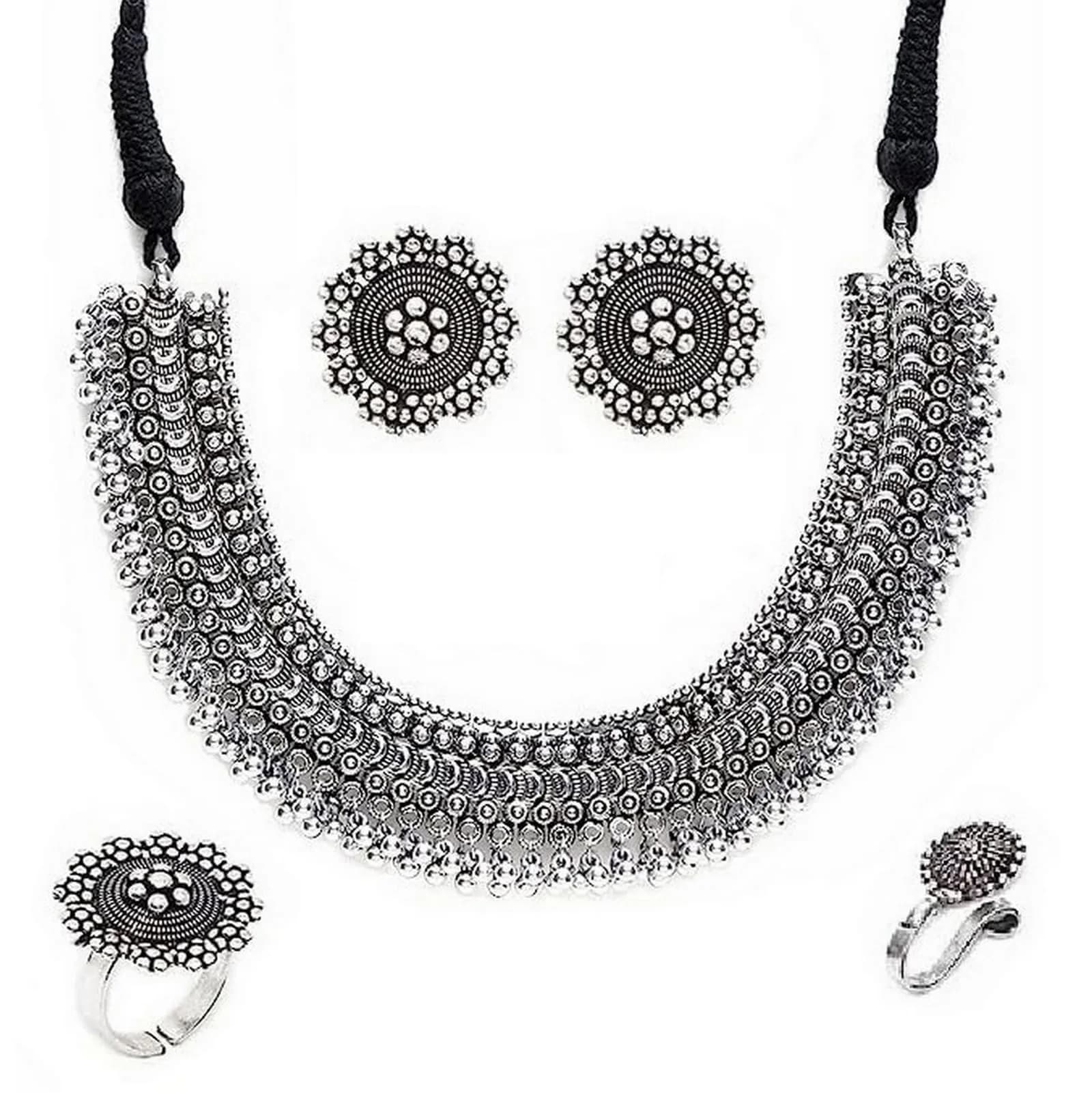 VAMA FASHIONS Oxidized Black Silver Threaded Choker Necklace Set with Earrings, Ring & Nose Pin | 10.8cm x 16.6cm x 3.6cm — silver Black