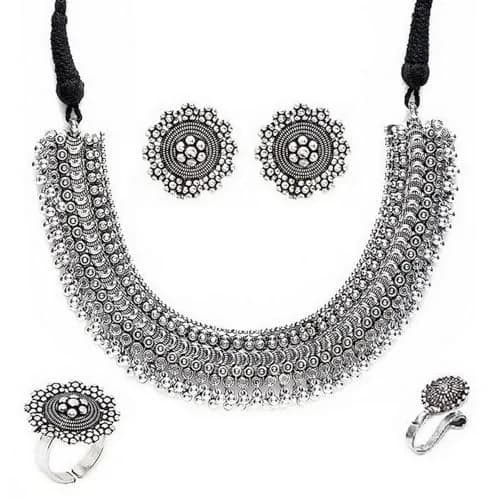 VAMA FASHIONS Oxidized Black Silver Threaded Choker Necklace Set with Earrings, Ring & Nose Pin | 10.8cm x 16.6cm x 3.6cm thumbnail 1