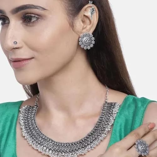 VAMA FASHIONS Oxidized Black Silver Threaded Choker Necklace Set with Earrings, Ring & Nose Pin | 10.8cm x 16.6cm x 3.6cm thumbnail 4