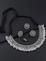 VAMA FASHIONS Oxidized Black Silver Threaded Choker Necklace Set with Earrings, Ring & Nose Pin | 10.8cm x 16.6cm x 3.6cm thumbnail 5
