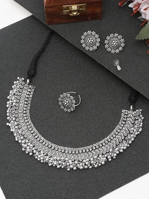 VAMA FASHIONS Oxidized Black Silver Threaded Choker Necklace Set with Earrings, Ring & Nose Pin | 10.8cm x 16.6cm x 3.6cm thumbnail 7