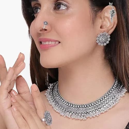 VAMA FASHIONS Oxidized Black Silver Threaded Choker Necklace Set with Earrings, Ring & Nose Pin | 10.8cm x 16.6cm x 3.6cm thumbnail 2