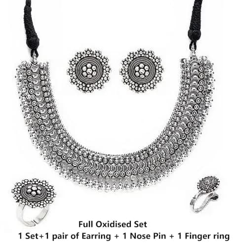 VAMA FASHIONS Oxidized Black Silver Threaded Choker Necklace Set with Earrings, Ring & Nose Pin | 10.8cm x 16.6cm x 3.6cm thumbnail 3