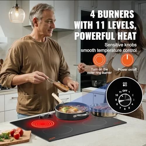 VEVOR 24-inch 4-Burner Radiant Cooktop 6000W 220V | Built-In Electric Stove Top with Glass Panel thumbnail 6