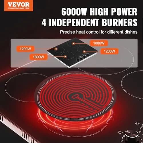 VEVOR 24-inch 4-Burner Radiant Cooktop 6000W 220V | Built-In Electric Stove Top with Glass Panel thumbnail 7