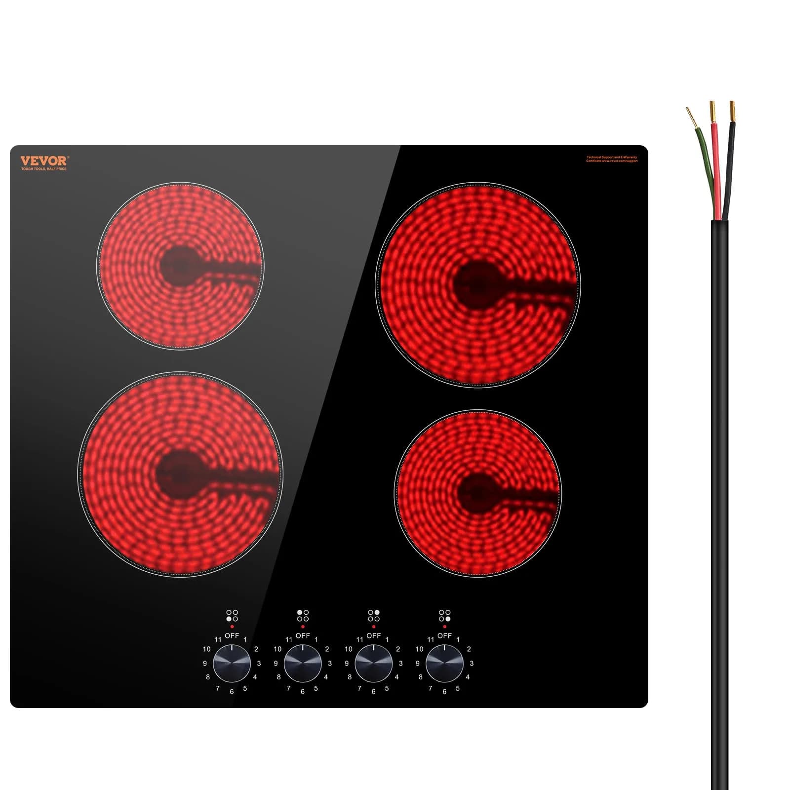 VEVOR 24-inch 4-Burner Radiant Cooktop 6000W 220V | Built-In Electric Stove Top with Glass Panel — 24IN
