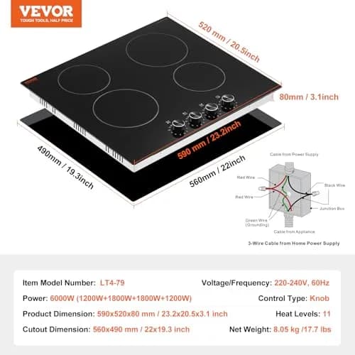 VEVOR 24-inch 4-Burner Radiant Cooktop 6000W 220V | Built-In Electric Stove Top with Glass Panel thumbnail 2