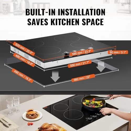 VEVOR 24-inch 4-Burner Radiant Cooktop 6000W 220V | Built-In Electric Stove Top with Glass Panel thumbnail 3
