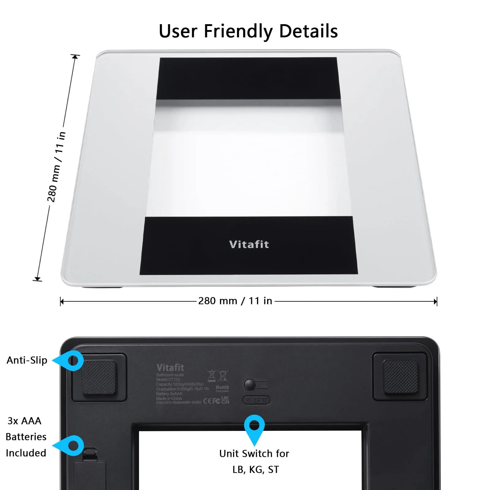Vitafit Digital Body Weight Scale 180kg (400lb) | High Accuracy with White LED & Step-On - view 6