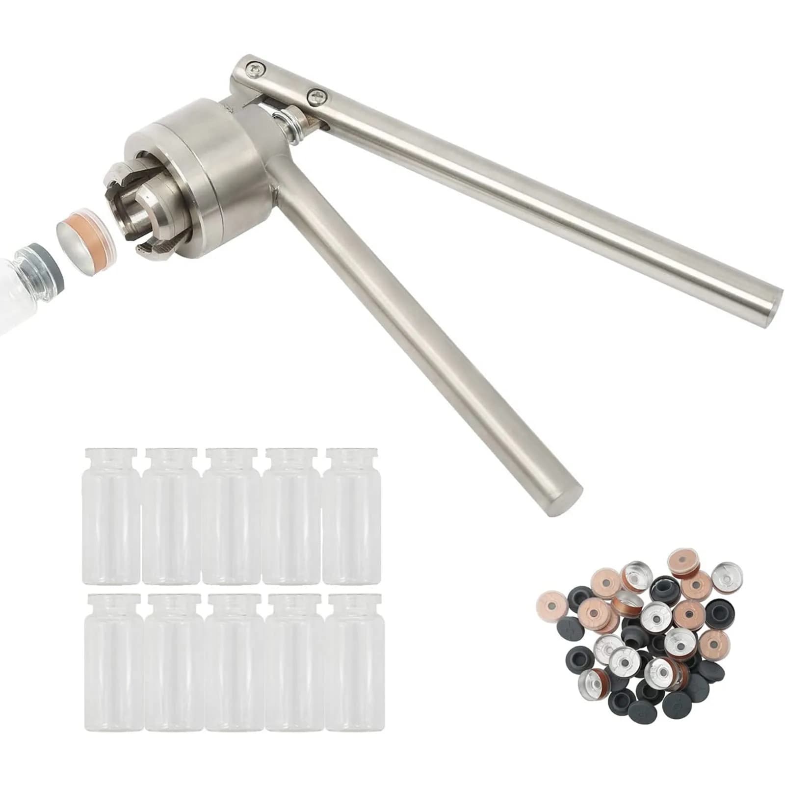 HighFree Manual Vial Crimper with 10x 3ml Vials, Stoppers & Caps | Stainless Steel Hand Sealing Machine for 13mm Flip Caps - main product image