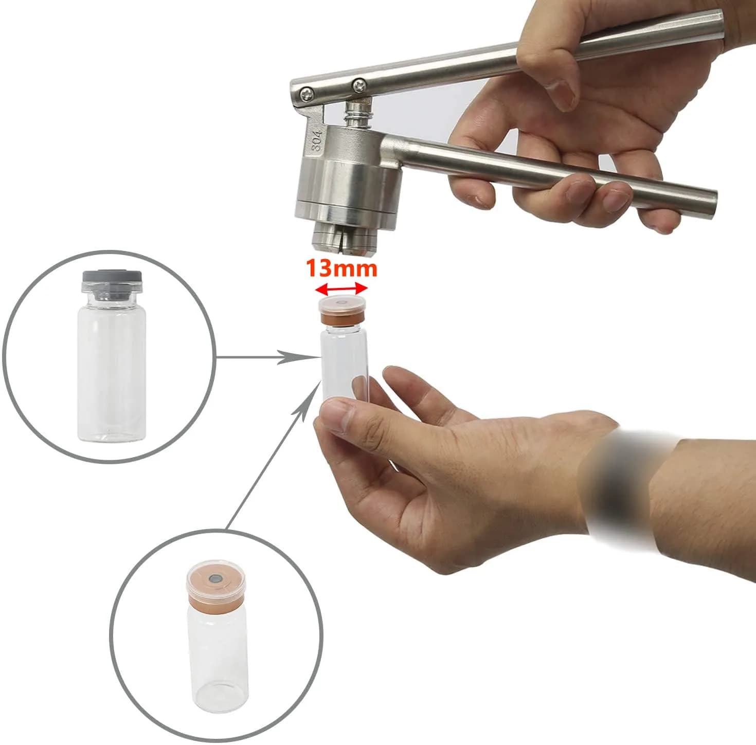 HighFree Manual Vial Crimper with 10x 3ml Vials, Stoppers & Caps | Stainless Steel Hand Sealing Machine for 13mm Flip Caps - view 2