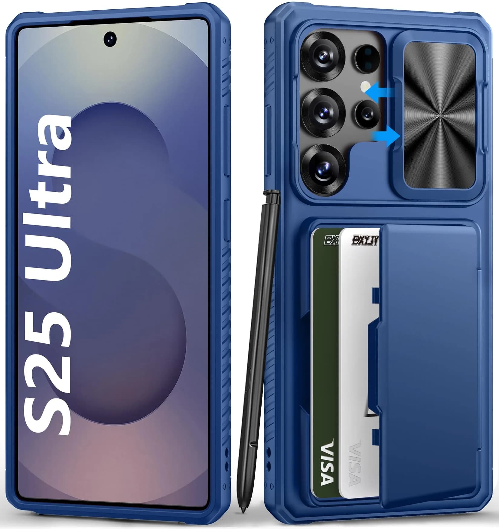 BXYJY Samsung Galaxy S25 Ultra Wallet Case with Card Holder & Camera Cover | Military Drop Protection — Blue