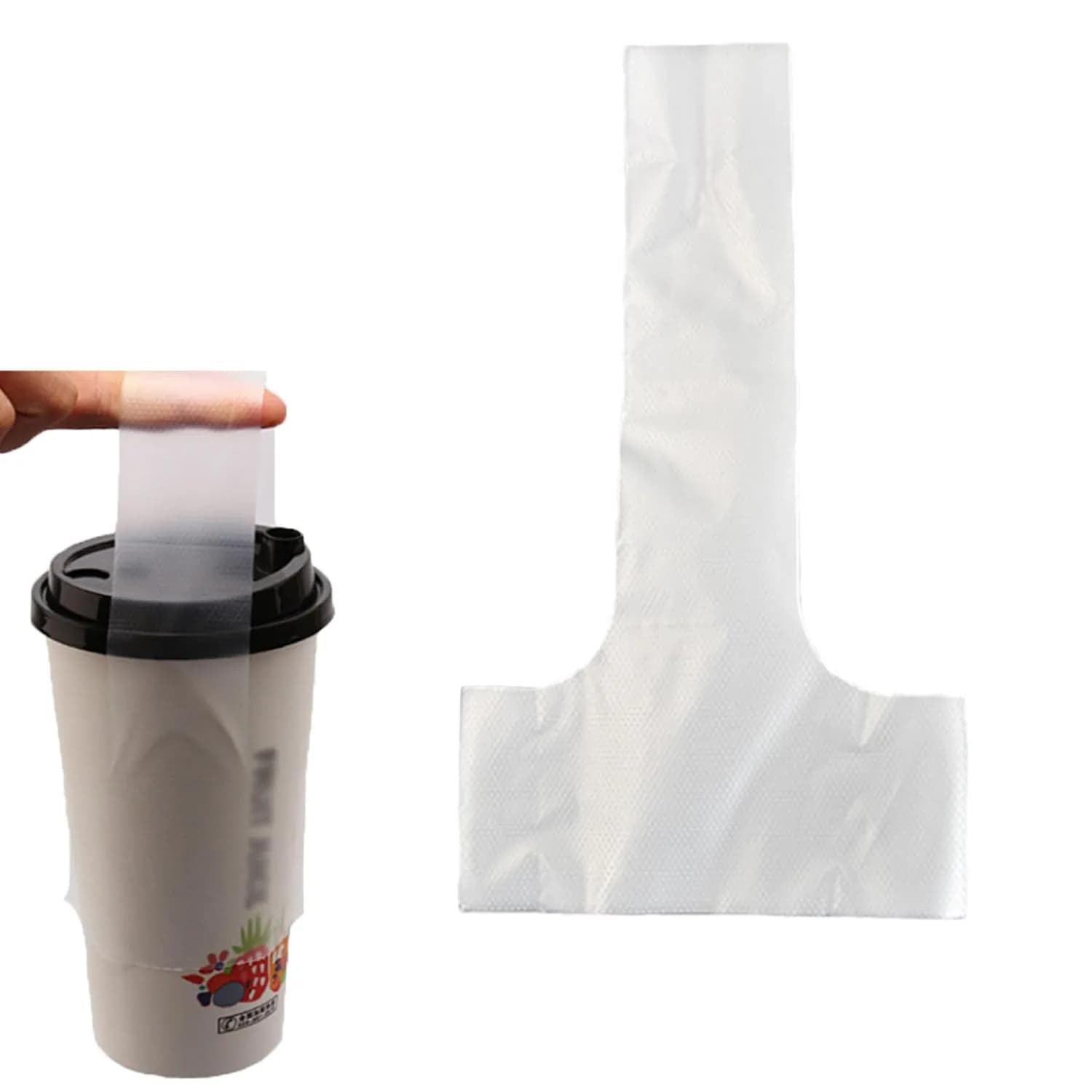 UtySty T-Type Drink Carrier Bags with Handle, 200 Pack, 12x23 cm (4.72x8.27 in) | Disposable PE Bags for Coffee, Milk Tea, Juice — white