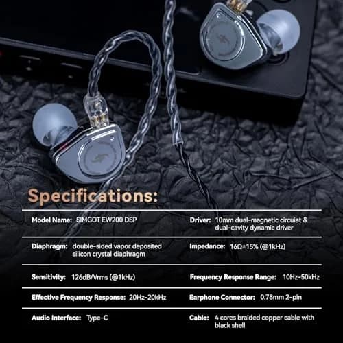 Linsoul SIMGOT EW200 In-Ear Earphones with 10mm SCP Diaphragm Dynamic Driver, 16Ω Impedance, 126dB Sensitivity | Silver Metal Body, Detachable 0.78mm 2-pin Silver-Plated OFC Cable thumbnail 7