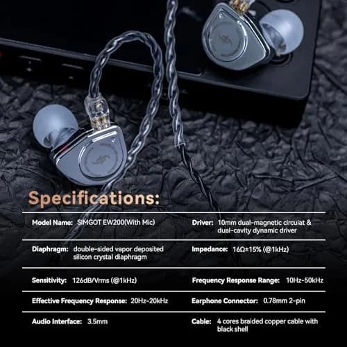 Linsoul SIMGOT EW200 In-Ear Earphones with 10mm SCP Diaphragm Dynamic Driver, Silver | 10mm Dynamic Driver, 16Ω Impedance, 126dB Sensitivity thumbnail 7