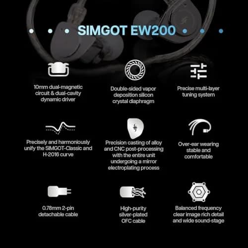 Linsoul SIMGOT EW200 In-Ear Earphones with 10mm SCP Diaphragm Dynamic Driver, Silver | 10mm Dynamic Driver, 16Ω Impedance, 126dB Sensitivity thumbnail 4