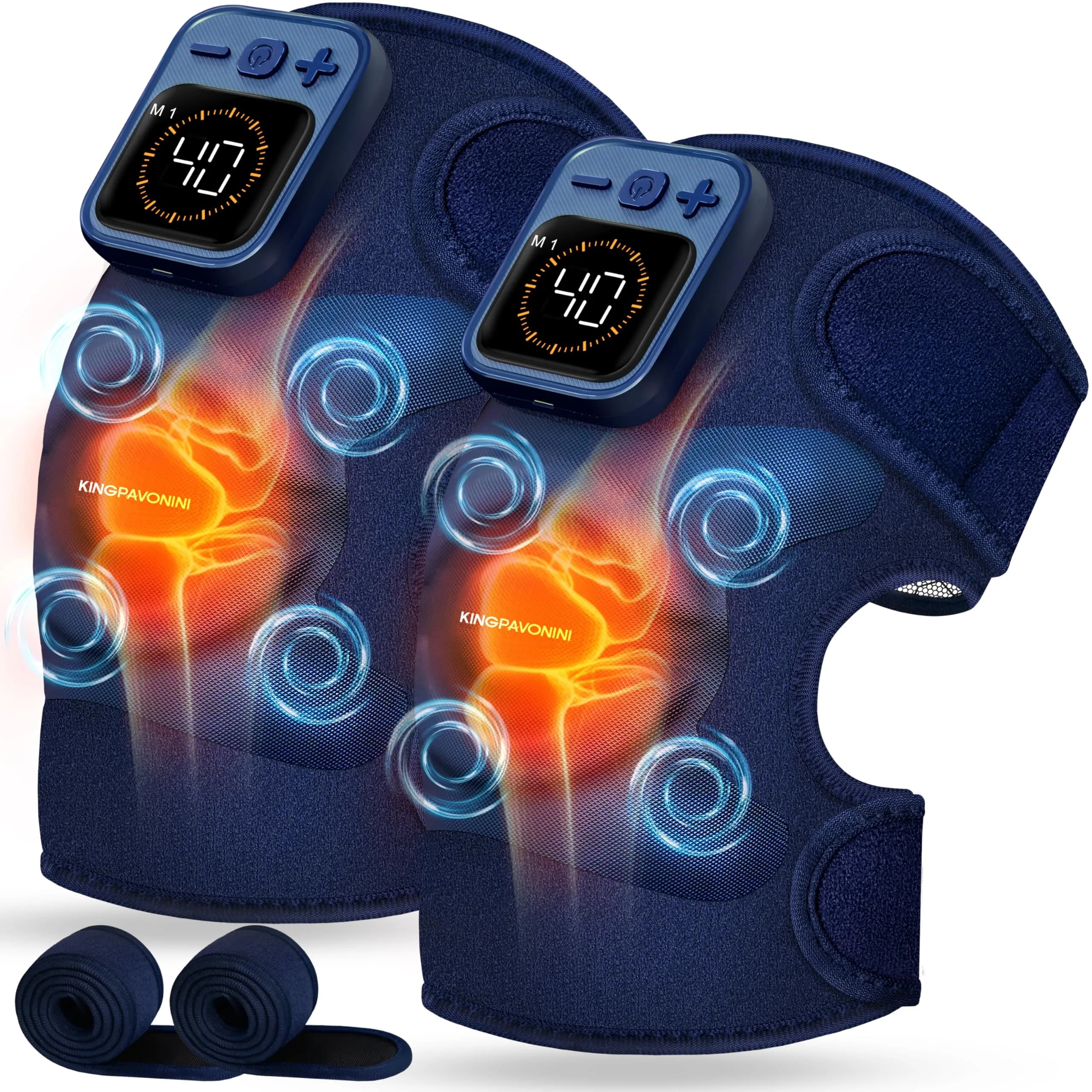 KingPavonini Knee Massager with Heat and Vibration, 4 Motors, 2X Massage Area, 4000mAh Battery, Blue