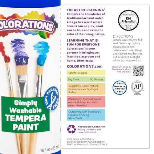 Colorations Paraben-Free Washable Tempera Paint Set, 19 Colors, Non-Toxic | Vibrant, Safe & Easy to Clean (70-120 chars) thumbnail 6