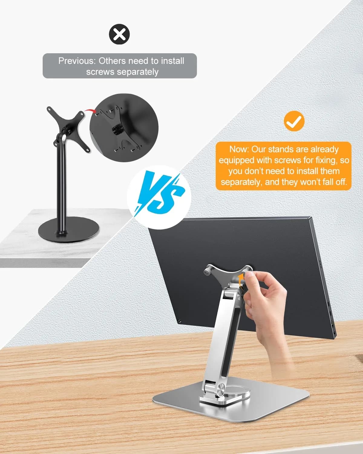 JUNEBOX 75x75mm VESA Monitor Mount Stand, M4 Anti-Loss Screws, Aluminum Alloy Base, Fits 7"-18" Small Portable Monitors, Silver Foldable Lay Flat Monitor Stand (Not Fit 100x100mm Vesa) - view 7