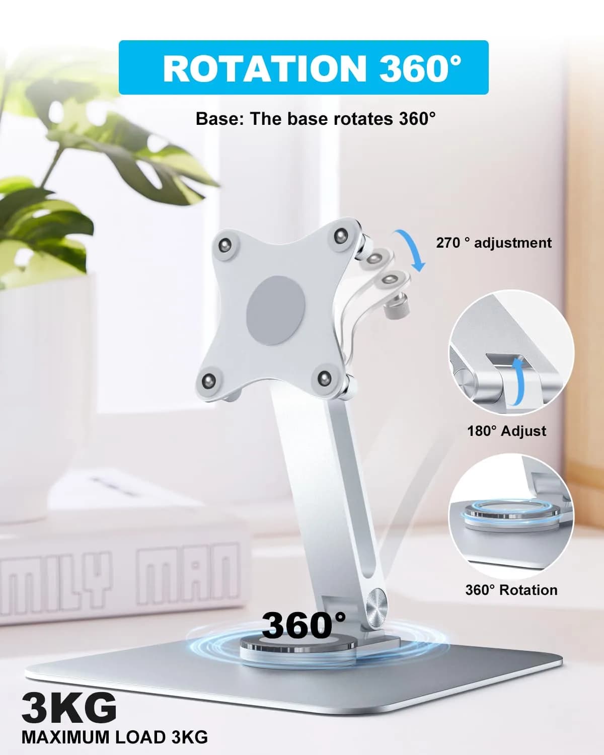 JUNEBOX 75x75mm VESA Monitor Mount Stand, M4 Anti-Loss Screws, Aluminum Alloy Base, Fits 7"-18" Small Portable Monitors, Silver Foldable Lay Flat Monitor Stand (Not Fit 100x100mm Vesa) - view 8