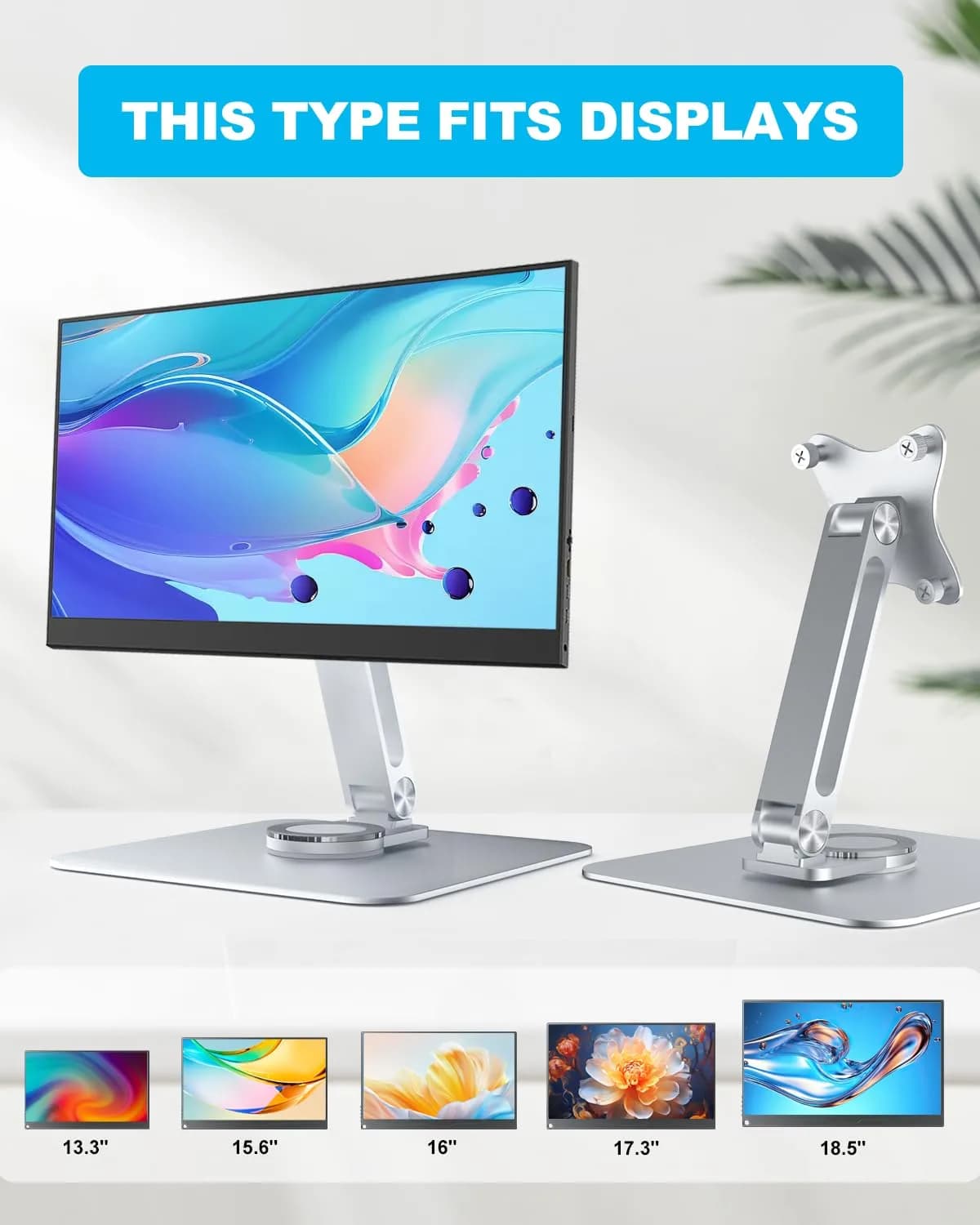 JUNEBOX 75x75mm VESA Monitor Mount Stand, M4 Anti-Loss Screws, Aluminum Alloy Base, Fits 7"-18" Small Portable Monitors, Silver Foldable Lay Flat Monitor Stand (Not Fit 100x100mm Vesa) - view 2