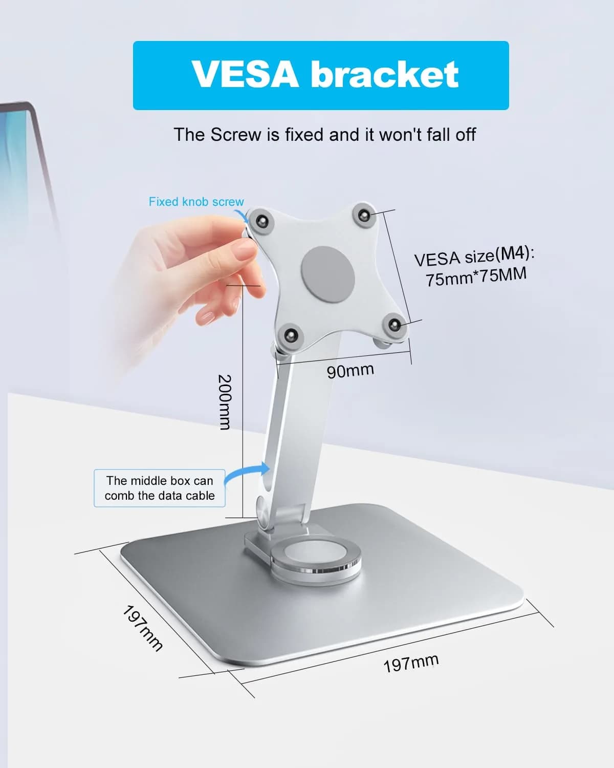JUNEBOX 75x75mm VESA Monitor Mount Stand, M4 Anti-Loss Screws, Aluminum Alloy Base, Fits 7"-18" Small Portable Monitors, Silver Foldable Lay Flat Monitor Stand (Not Fit 100x100mm Vesa) - view 3