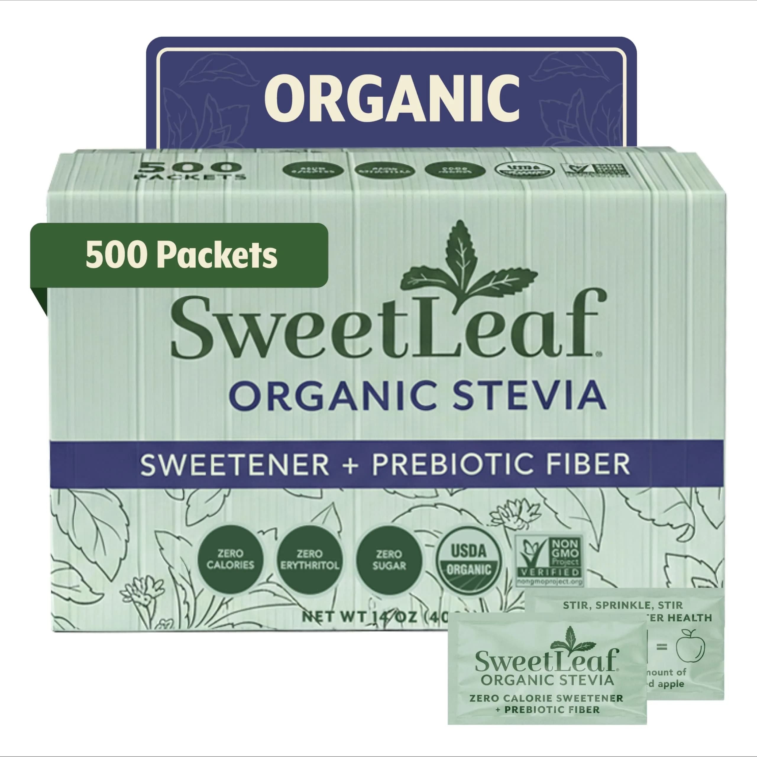 SweetLeaf Organic Stevia Powder Sweetener, Sugar Free | Bulk Pack, 500 Packets, Zero Calories — Powder