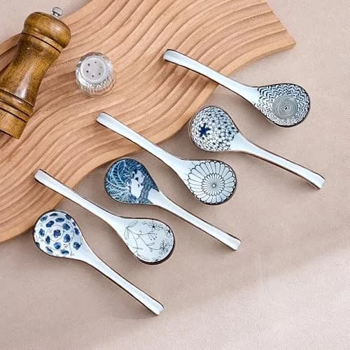 Hoilse Ceramic Asian Soup Spoons Set of 6 - Blue, 16.3cm (6.4 inch) | Blue & White Porcelain with Long Handle thumbnail 4