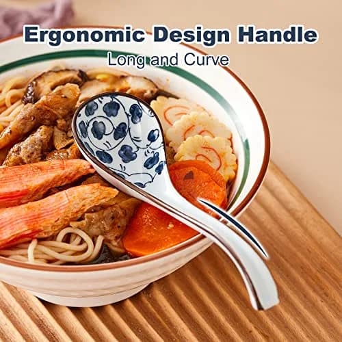 Hoilse Ceramic Asian Soup Spoons Set of 6 - Blue, 16.3cm (6.4 inch) | Blue & White Porcelain with Long Handle thumbnail 5