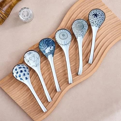 Hoilse Ceramic Asian Soup Spoons Set of 6 - Blue, 16.3cm (6.4 inch) | Blue & White Porcelain with Long Handle thumbnail 3