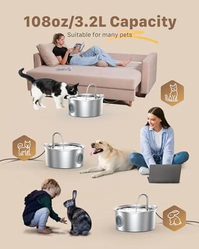 GIOTOHUN Cat Fountain Stainless Steel 3.2L | Quiet, Durable & Easy to Clean thumbnail 2