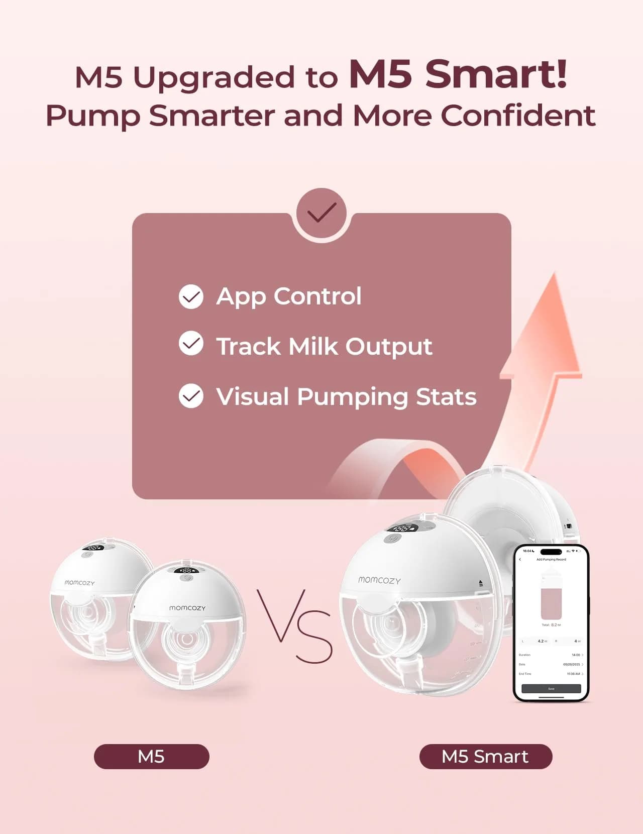 Momcozy M5 Smart APP Controlled Wearable Breast Pump, Hands-Free Wireless Electric Pump, 3 Modes 9 Levels, 24mm Flange, Quill Gray - view 2