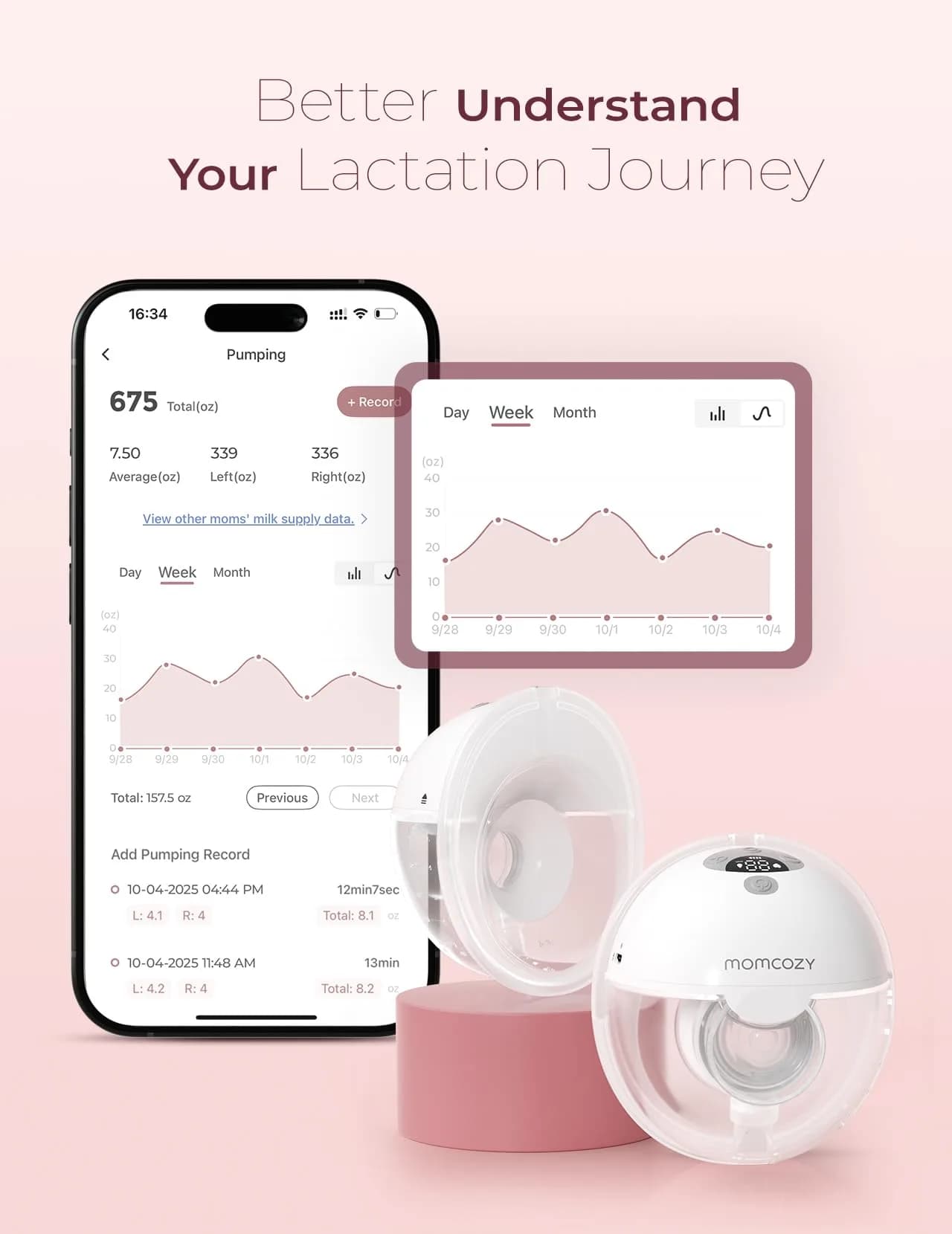 Momcozy M5 Smart APP Controlled Wearable Breast Pump, Hands-Free Wireless Electric Pump, 3 Modes 9 Levels, 24mm Flange, Quill Gray - view 3
