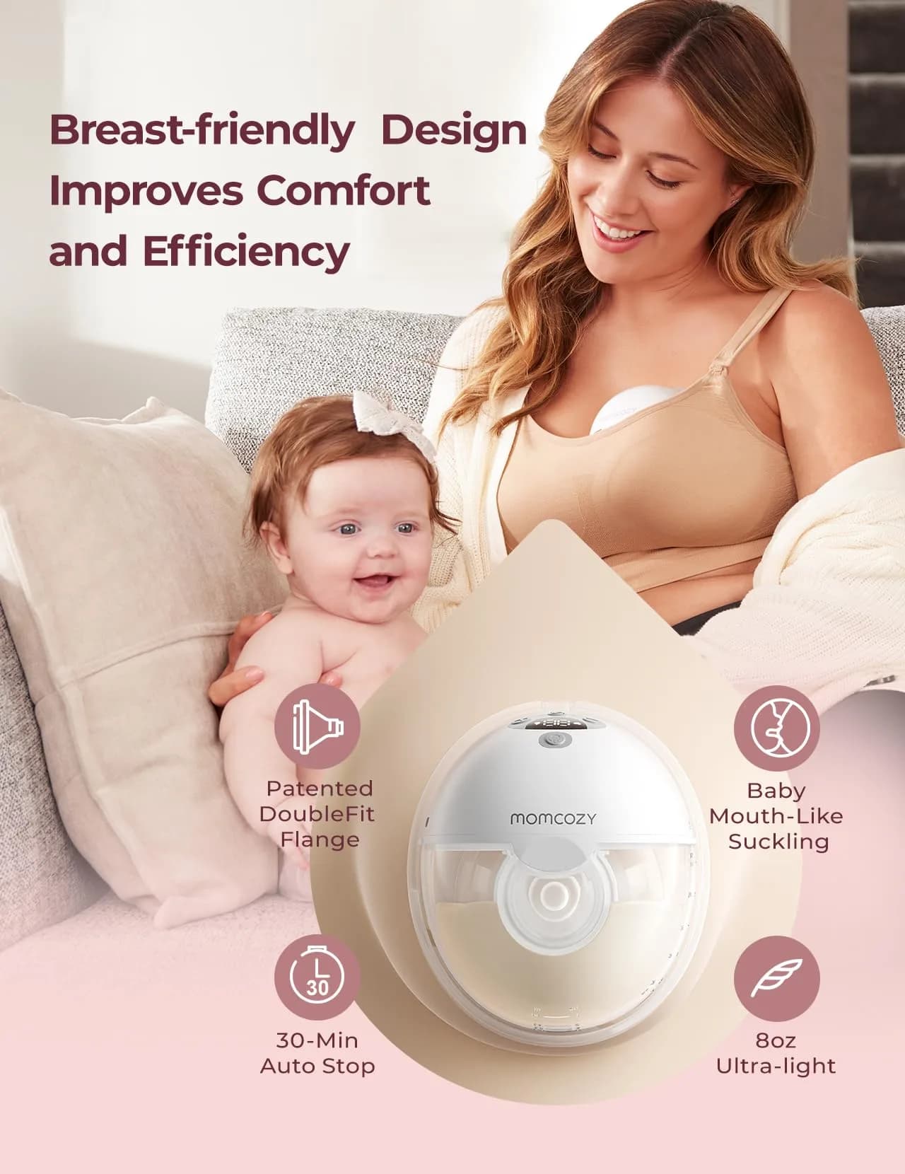 Momcozy M5 Smart APP Controlled Wearable Breast Pump, Hands-Free Wireless Electric Pump, 3 Modes 9 Levels, 24mm Flange, Quill Gray - view 4