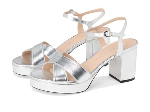 Stuart Weitzman Womens Dayna Platform 80 Silver 9 M | 80mm Block Heel, Leather & Cork Outsole thumbnail 1