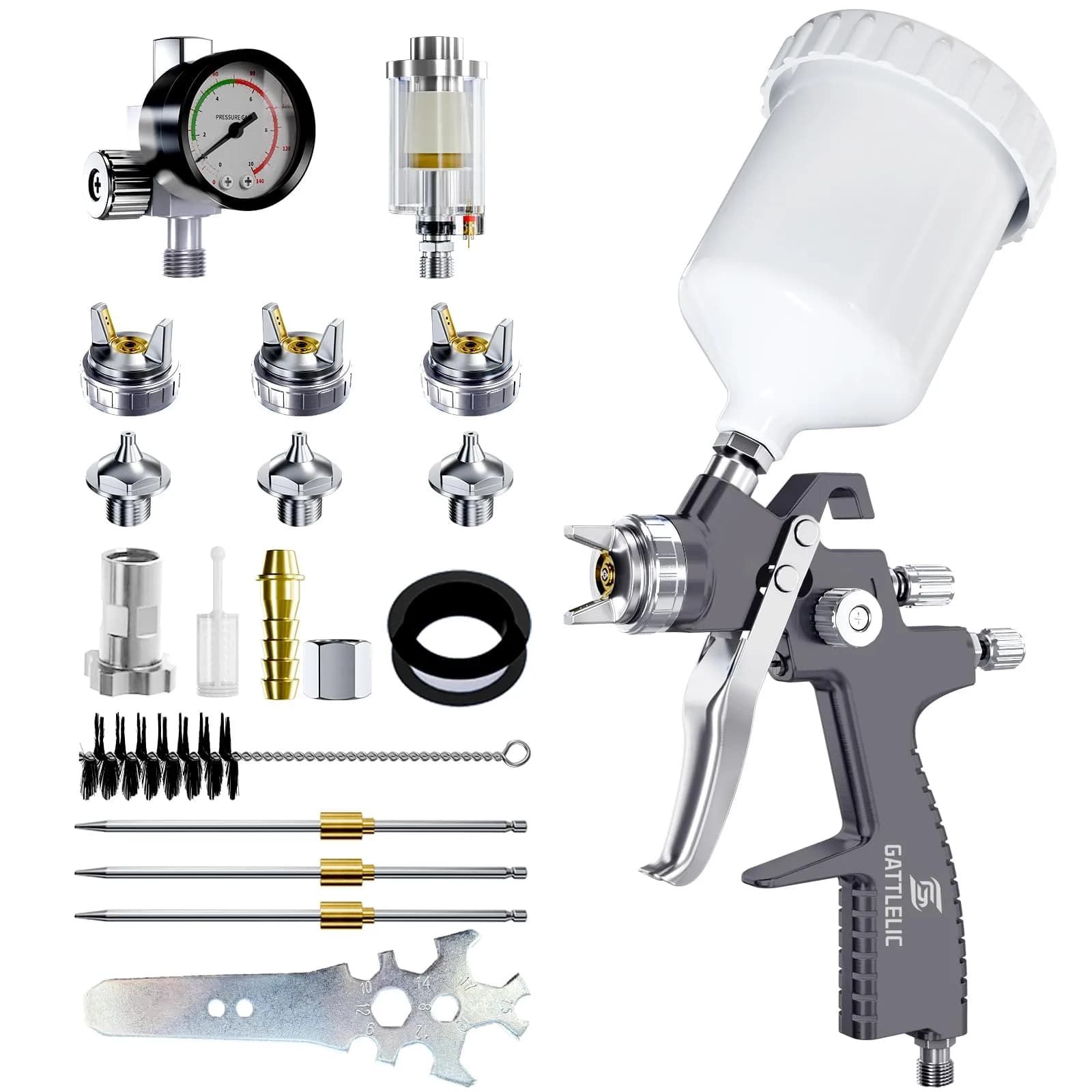 GATTLELIC LVLP Air Spray Gun Premium Kit with 1.3/1.5/1.7mm Nozzles & Air Regulator, Automotive Paint Sprayer for Cars & Houses (Grey) - main product image