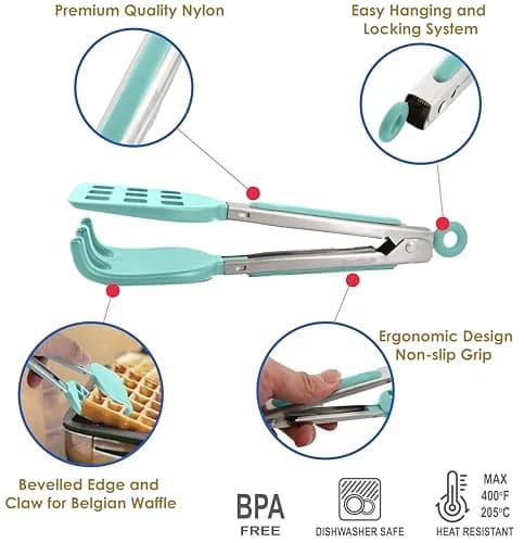 StarBlue Mini Waffle Tongs 8 Inches (20.32 cm) | Heat-Resistant Nylon & Stainless Steel Serving Tongs thumbnail 2