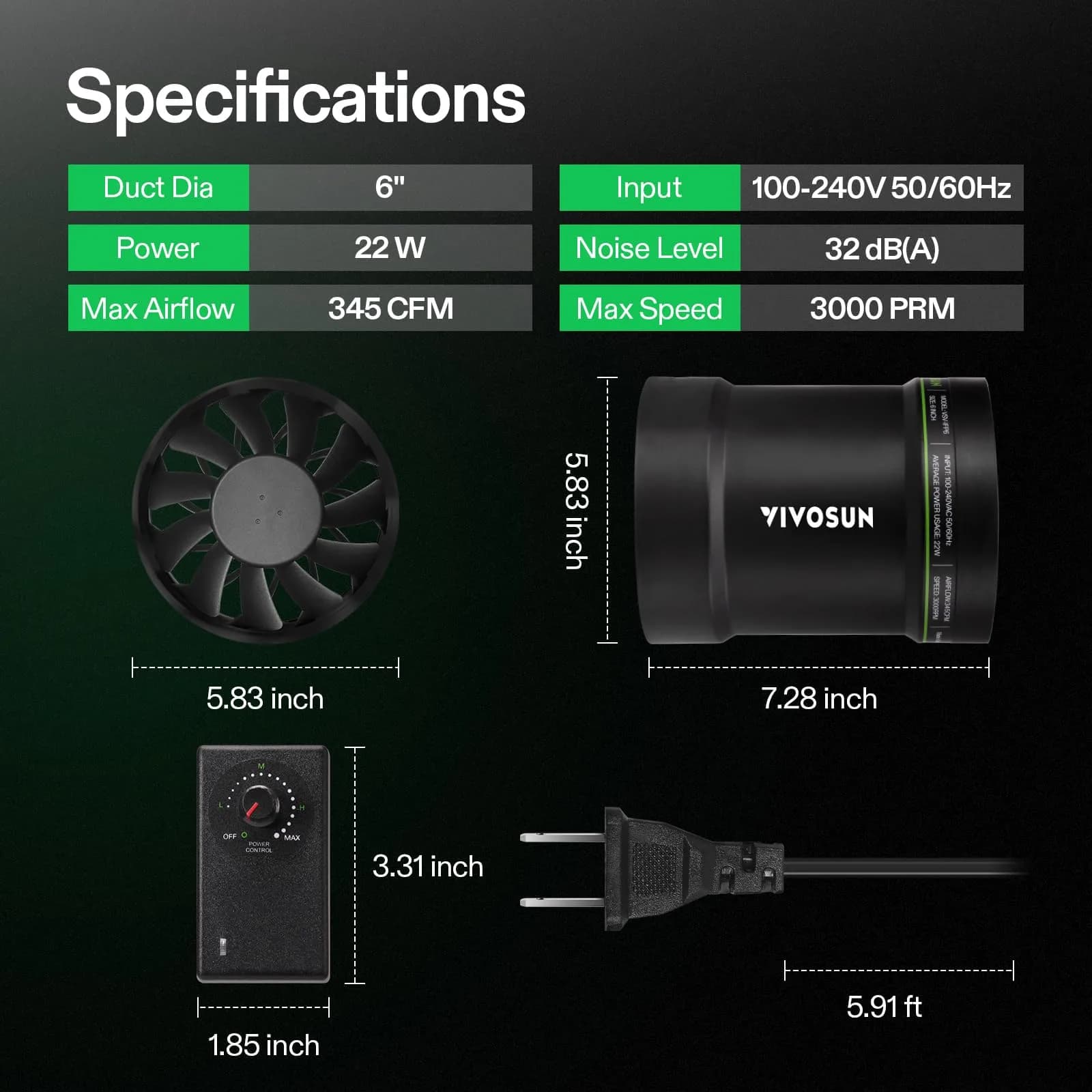 VIVOSUN P6 6" Inline Duct Fan with Speed Control 345 CFM Exhaust Fan | 15.24cm (6") Black - view 7
