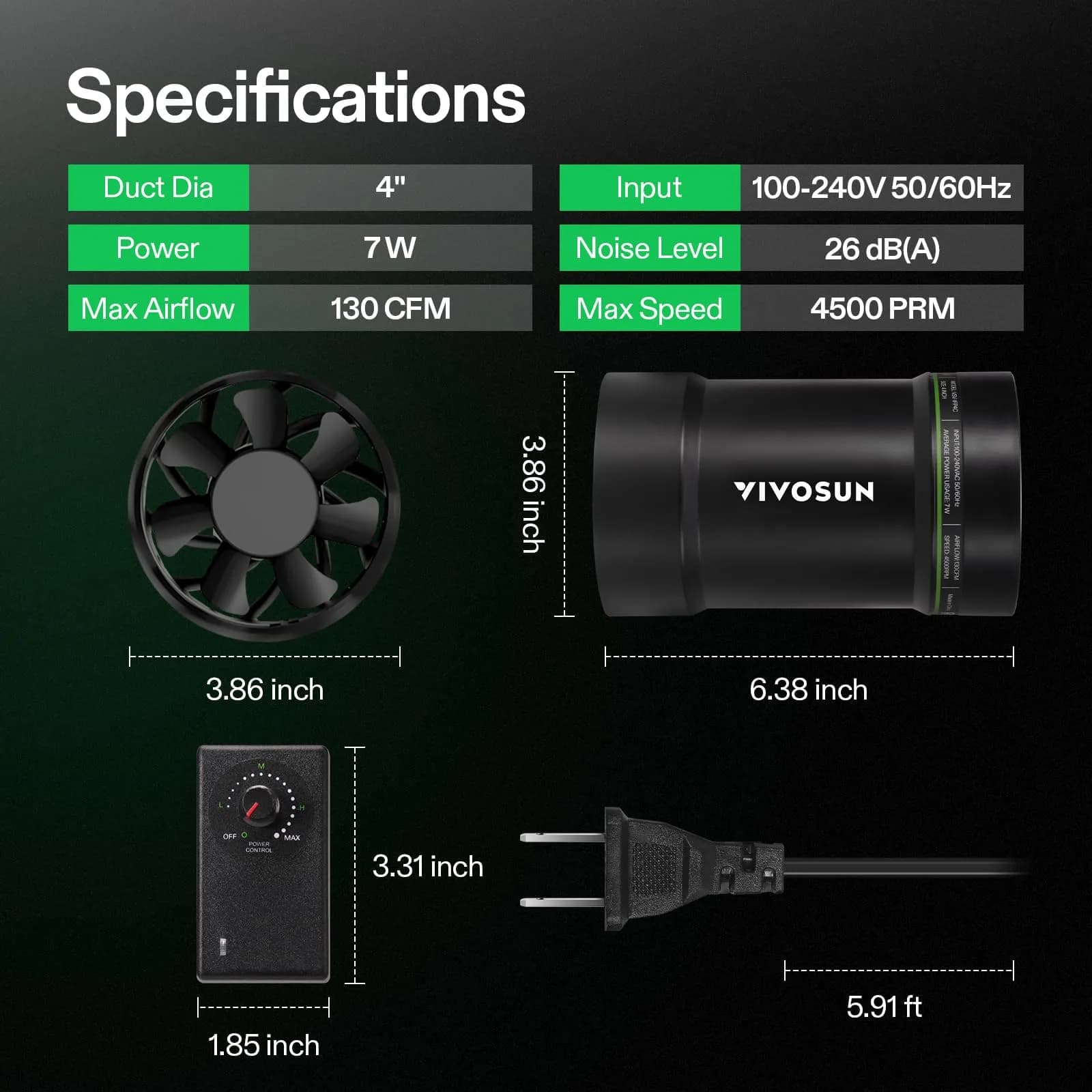 VIVOSUN 4" Inline Duct Fan 130 CFM Exhaust Fan with Speed Control | Quiet EC Motor for Grow Tents & Indoor Spaces - view 7