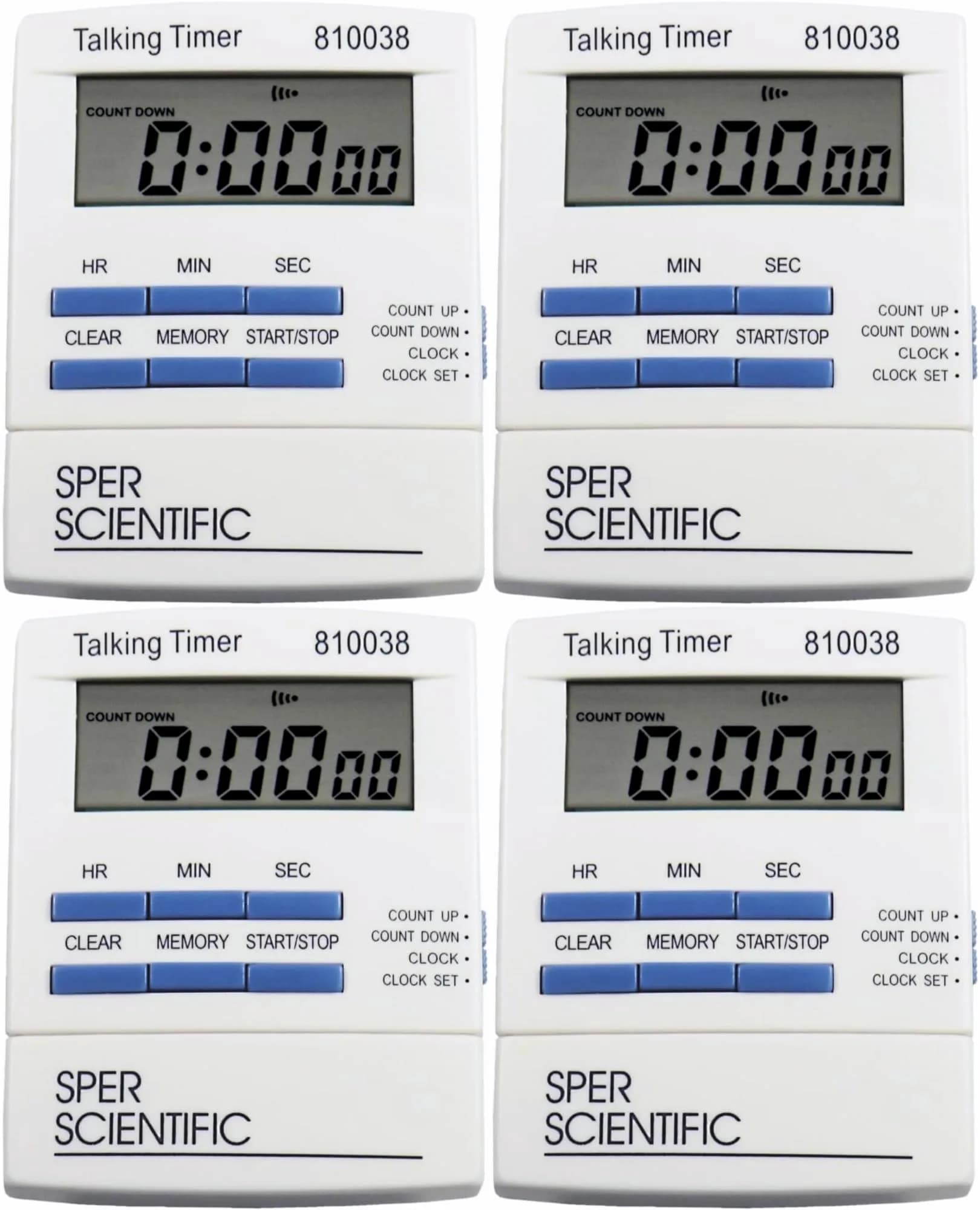 Sper Scientific Talking Timer with Audible Countdown Voice Announcements 810038 | Large LCD, Loud Alarm, 4 Pack