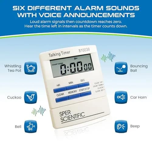 Sper Scientific Talking Timer with Audible Countdown Voice Announcements 810038 | Large LCD, Loud Alarm, 4 Pack thumbnail 6