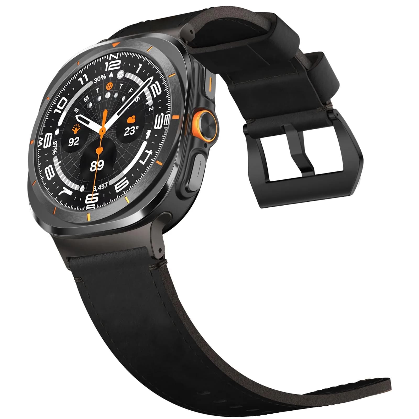 VSANT Vintage Crazy Horse Leather Watch Band for Samsung Galaxy Watch Ultra 47mm | 24mm Wide Black — Unpatterned/Black