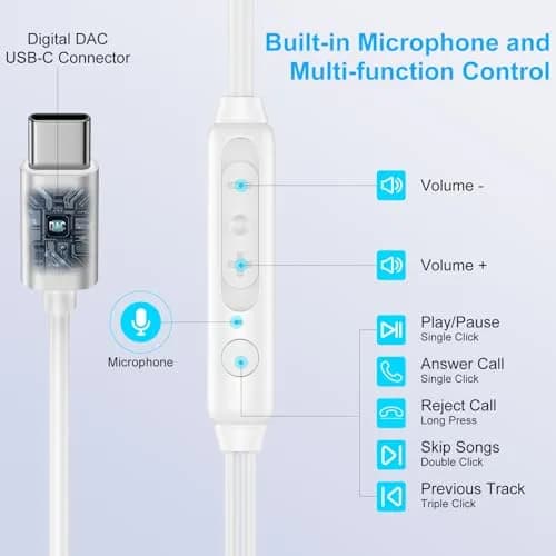 VIFIGEN USB C Headphones for iPhone 15/16/17 Series, iPad, Samsung Galaxy S24-S26, Pixel 8-10, LG, OnePlus | White Wired In-Ear Earbuds with Mic thumbnail 3