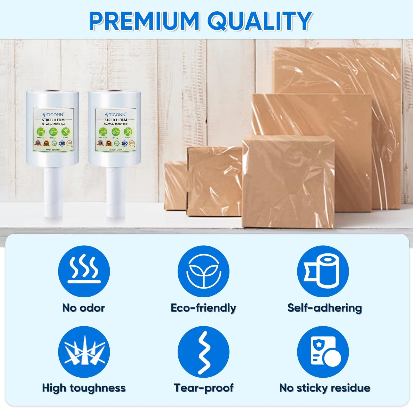 TICONN Stretch Wrap Film Roll with Handles, 1000ft Clear Plastic Wrap for Pallet Wrapping Shipping Moving - view 2