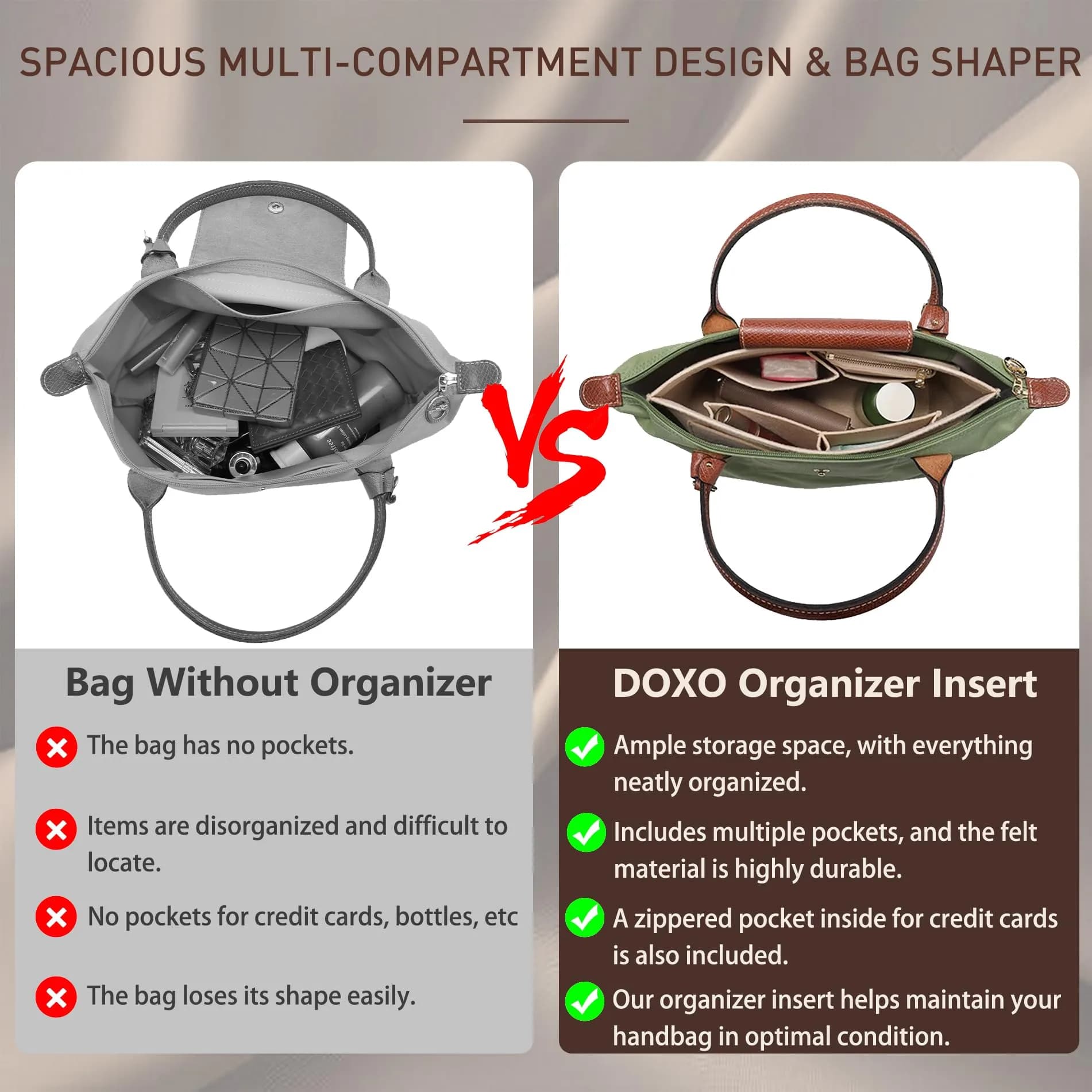Doxo Felt Purse Organizer Insert for Longchamp Le Pliage Large, Black, Large | Keeps Tote Handbags Shaped & Neat - view 5
