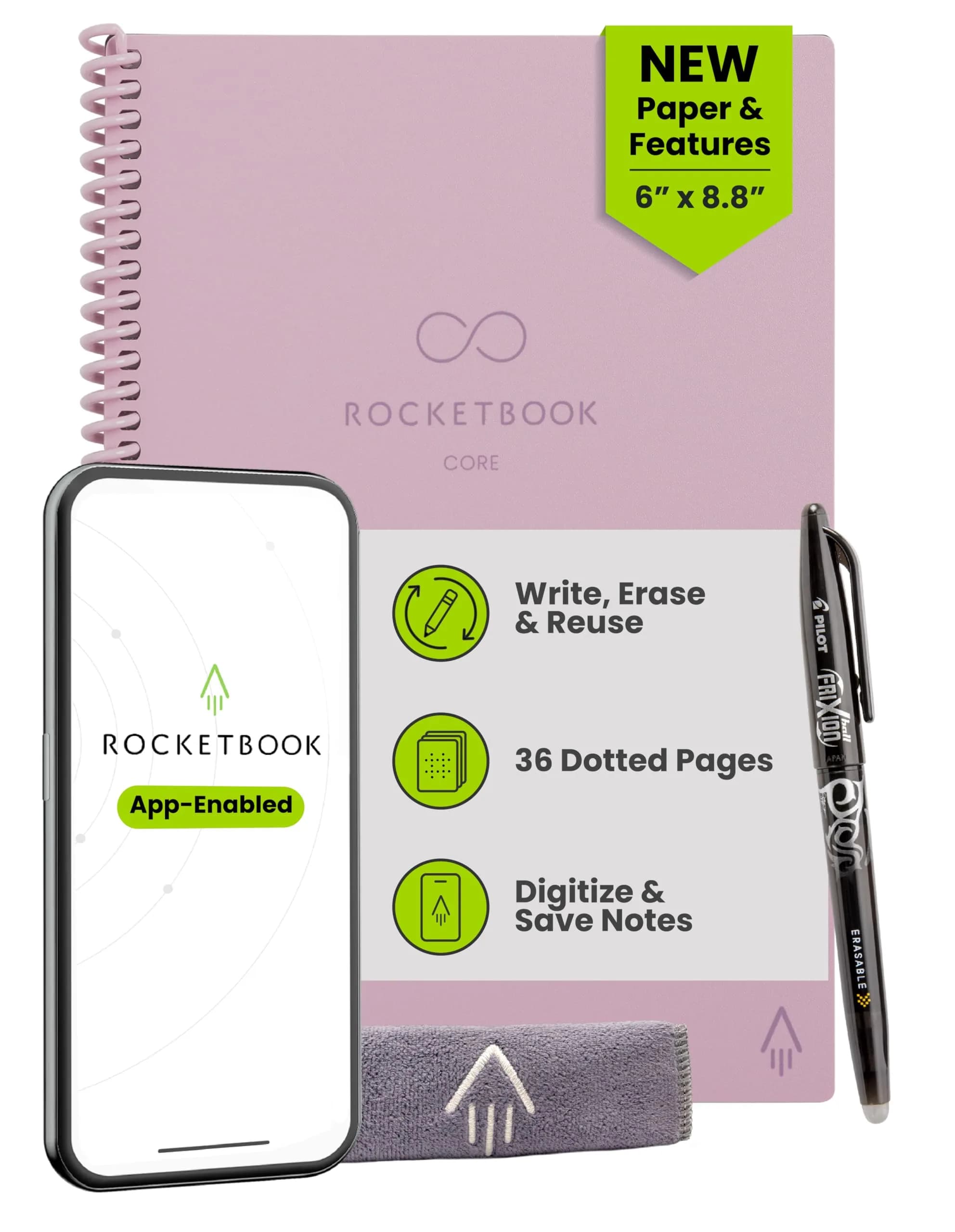 Rocketbook Core Reusable Spiral Notebook, Premium Executive Size 6x8.8, Pink - Dotted Pages | 36 Pages - main product image