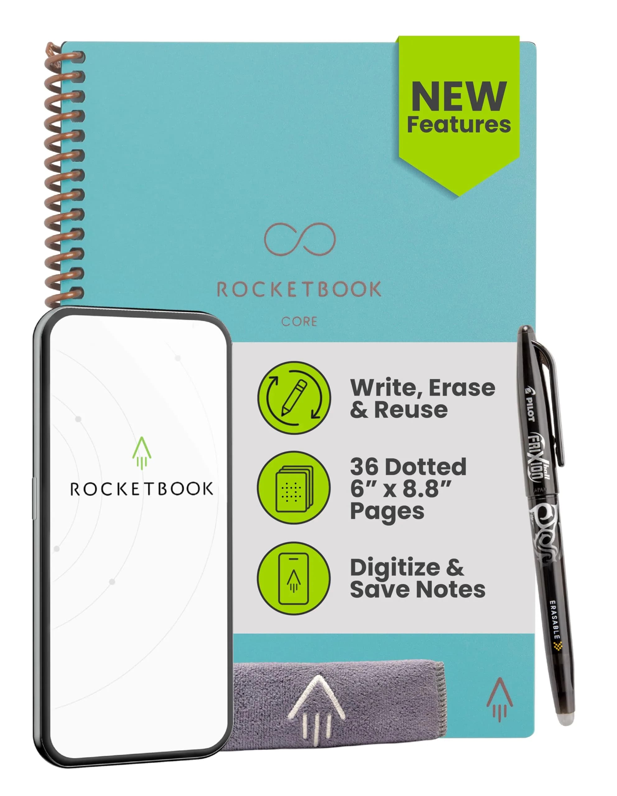 Rocketbook Core Reusable Spiral Notebook, Executive Size 6x8.8, Teal - Dotted Pages | 36 Pages - main product image